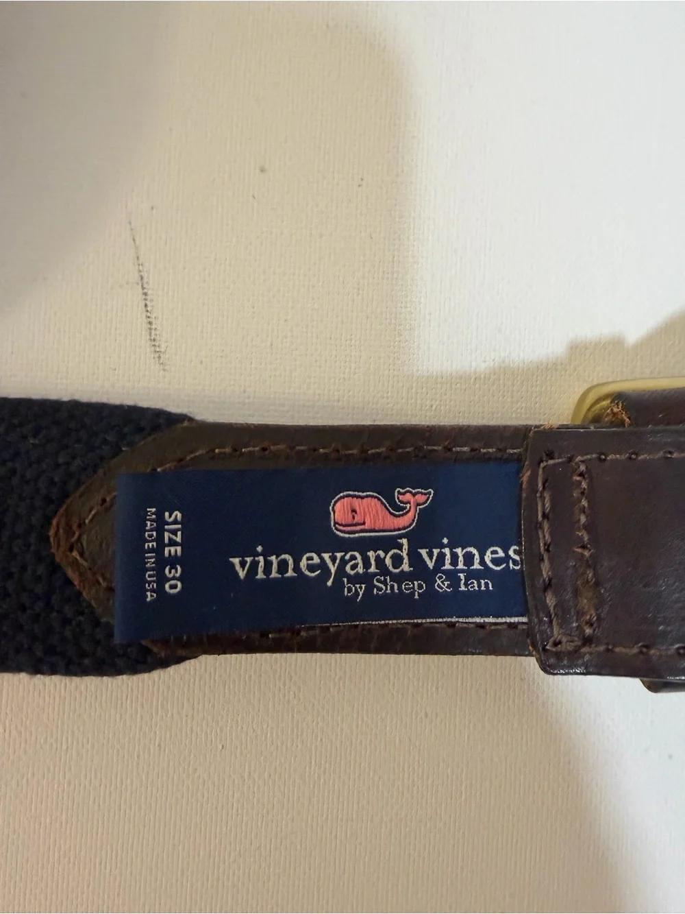 Vineyard Vines Pink Patterned Webbed Belt with Brown Leather Trim